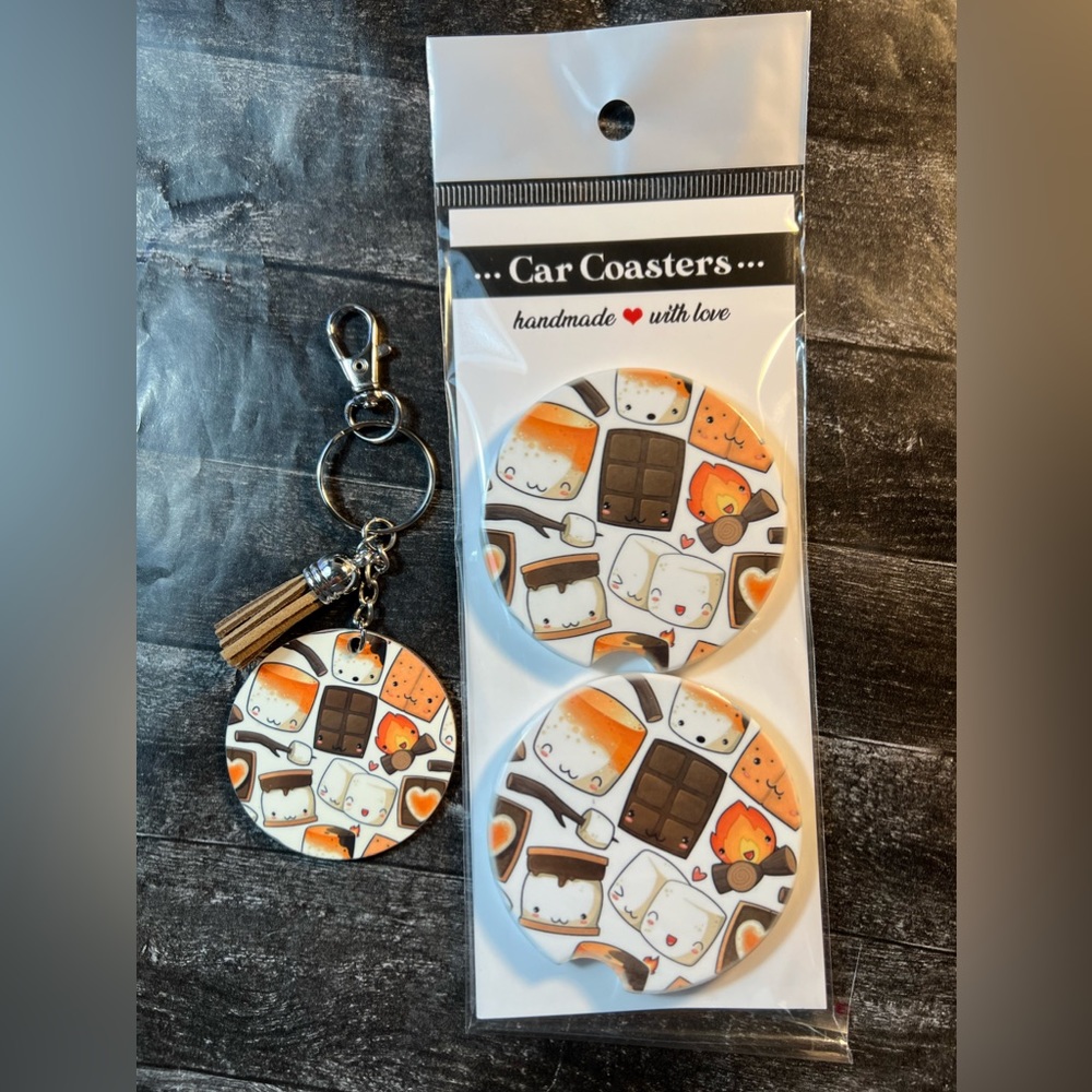 S’more Sandstone Car Coaster Set With Matching Keychain New